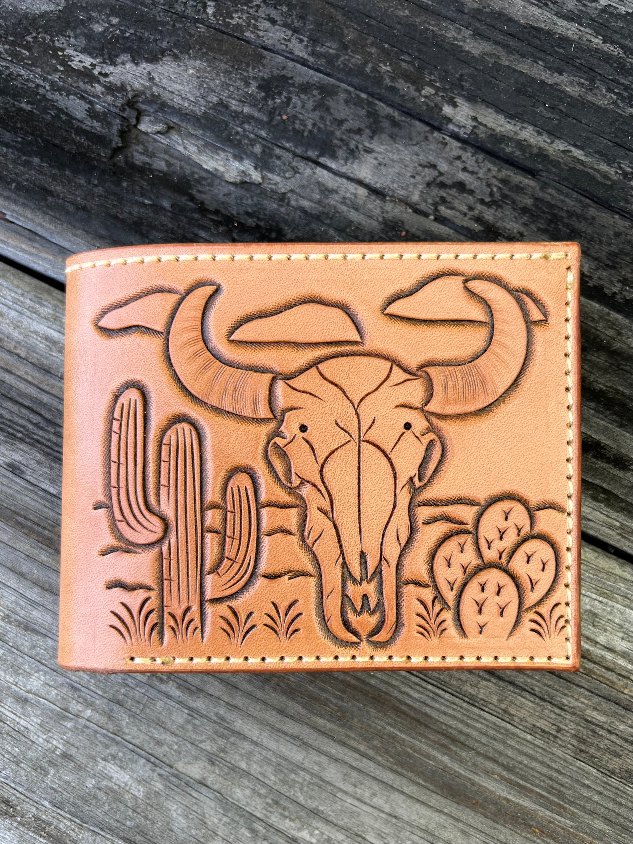 Natural Bifold - Bull Skull & Basket Stamping – Girty Leather Co.