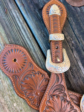 Load image into Gallery viewer, Floral Spur Straps with 3pc Buckle Set
